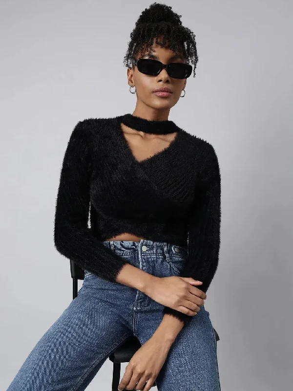 CroptoptimelessWomen Black Solid Wrap Crop Top-CHN-2536-Black