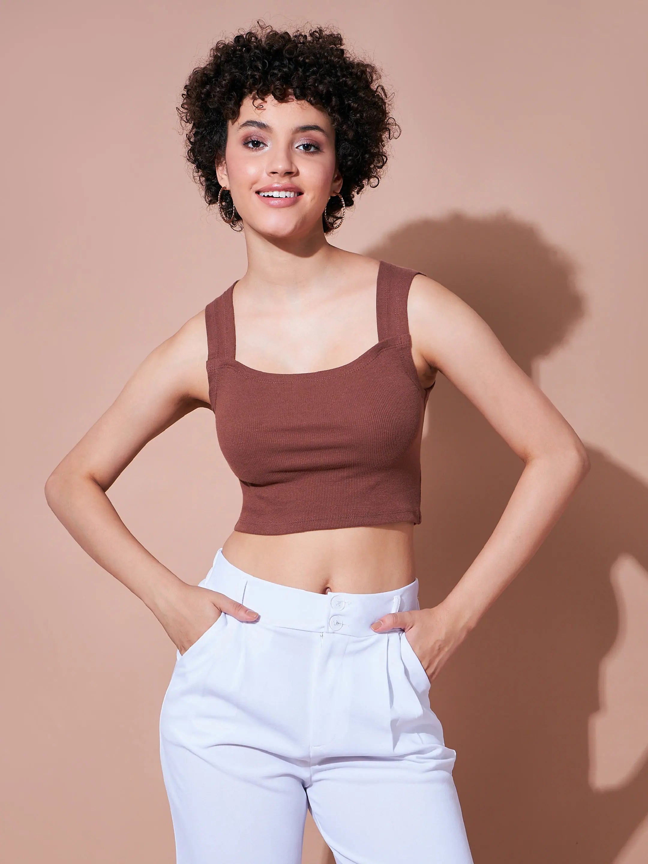 CroptopinnovationWomen Brown Rib Rhombus Neck Ribbed Crop Top