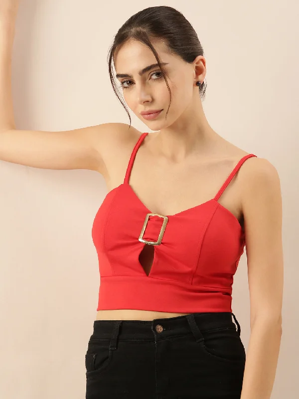 CroptopcollarWomen Solid Red Crop Top-TG-220-Red