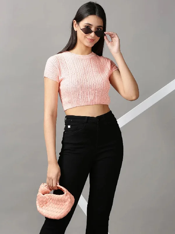 CroptopcolorWomen's Peach Solid Fitted Crop Top-JD-E210-Peach