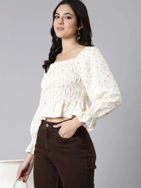 Women Floral Peplum Cream Crop Top-680-11-Cream