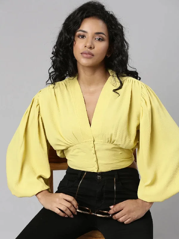 CroptopsecurityWomen Yellow Solid Blouson Crop Top-AE-10576-Yellow