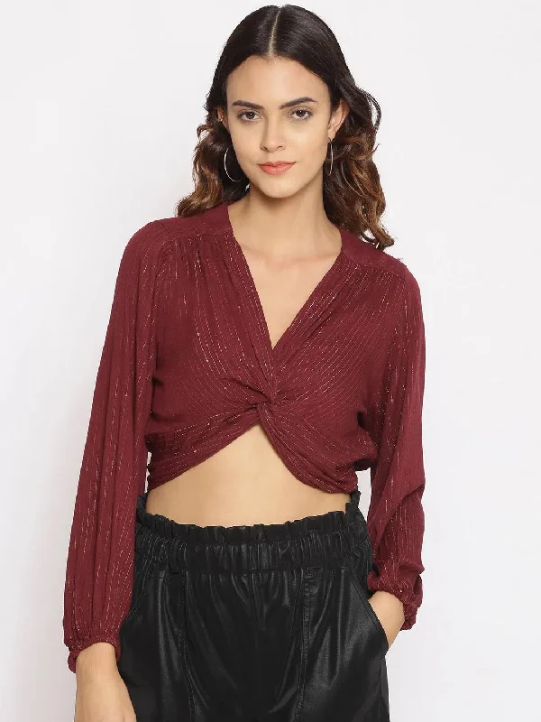 CroptopsleeveMarooon Twist Knot Crop Top