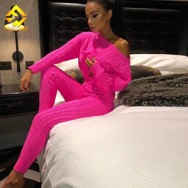 2022 Winter Two Piece Set Women Latest Design Solid Knit Off Shoulder High Elastic 2 Piece Sweater Set For Lady Skinny Outfits