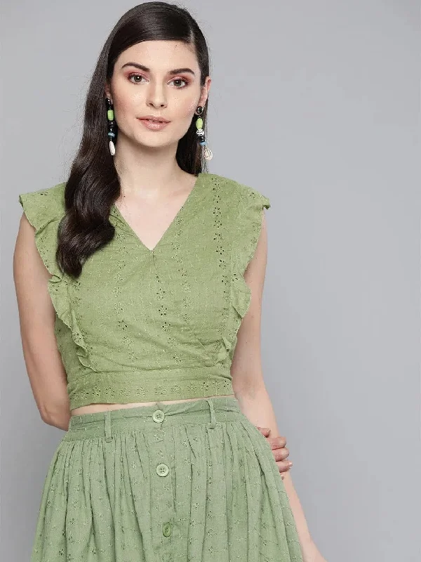 CroptopwovenOlive Schiffli Wrap Crop Top