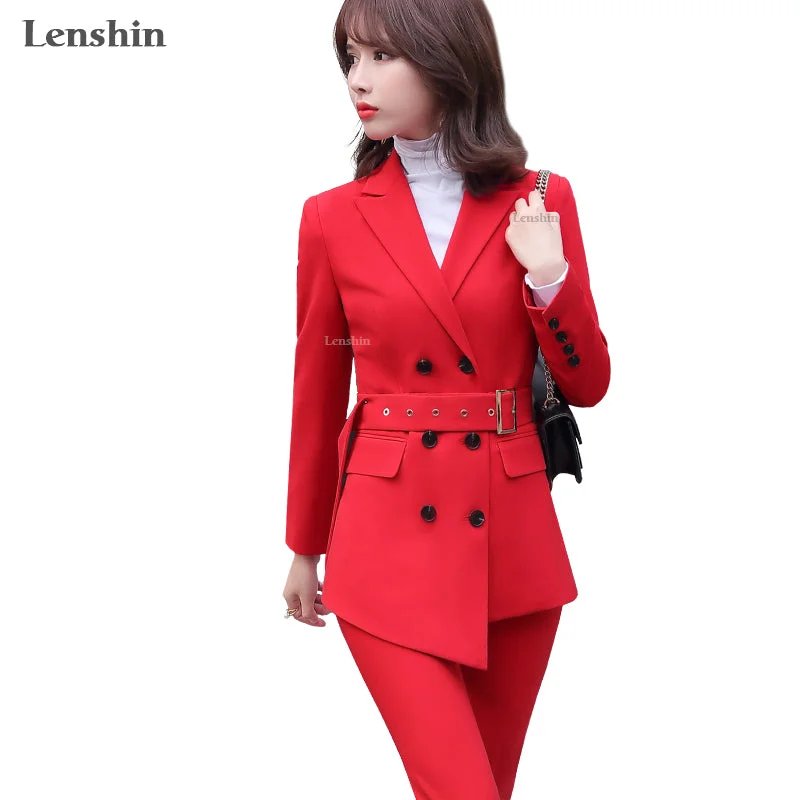 China Factory Direct Sell 2 Piece Suit Set Women Red Pant Suits Business Office Lady Work Wear Formal Blazer with Sashes