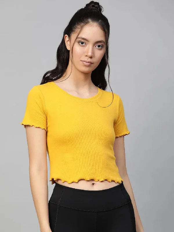 CroptopdataMustard Rib Round Neck Crop Top