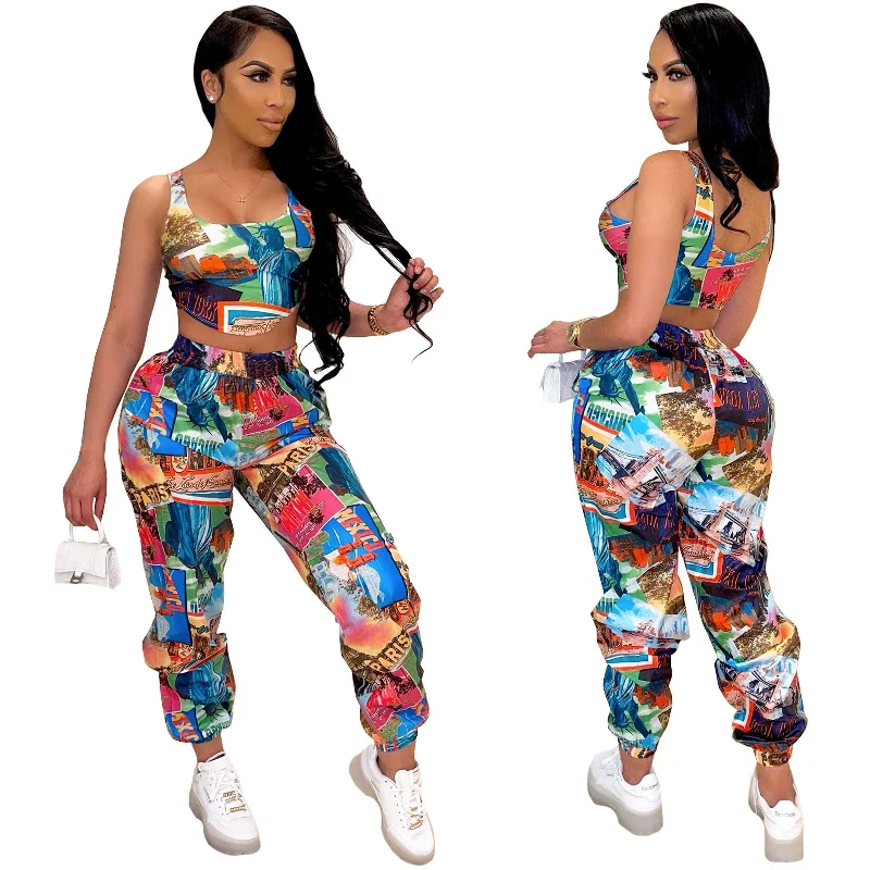 10425-MX44 ladies print designs tank top two-piece jumpsuits 2021 sehe fashion