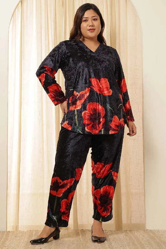 Plus Size Black Floral Print Borders Velvet Coord Set