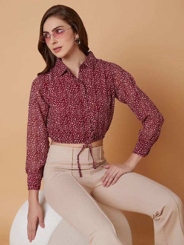 CroptopanalyticsWomen Abstract Maroon Blouson Crop Top-AE-7094-Maroon