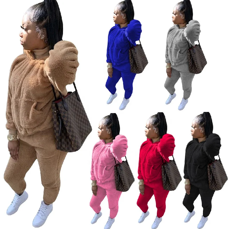 Women 2pc Set Winter Two Piece Pants Set Solid Color Plush Lounge Wear Hoodie Two-Piece Trouser Suit Women Winter Set