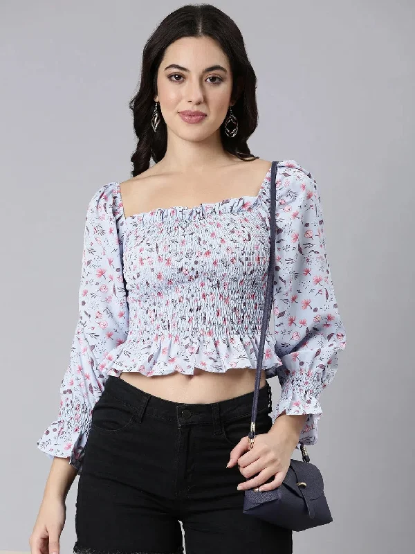 CroptopcolorWomen Floral Peplum Blue Crop Top-2532-Blue