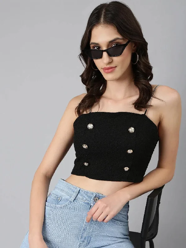 CroptopchicWomen Black Textured Bralette Crop Top-RF-M3037-Black