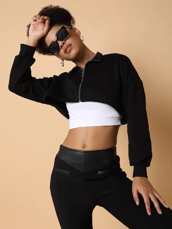 CroptoplifestyleWomen Solid Black Crop Top with Tank top-3036-Black