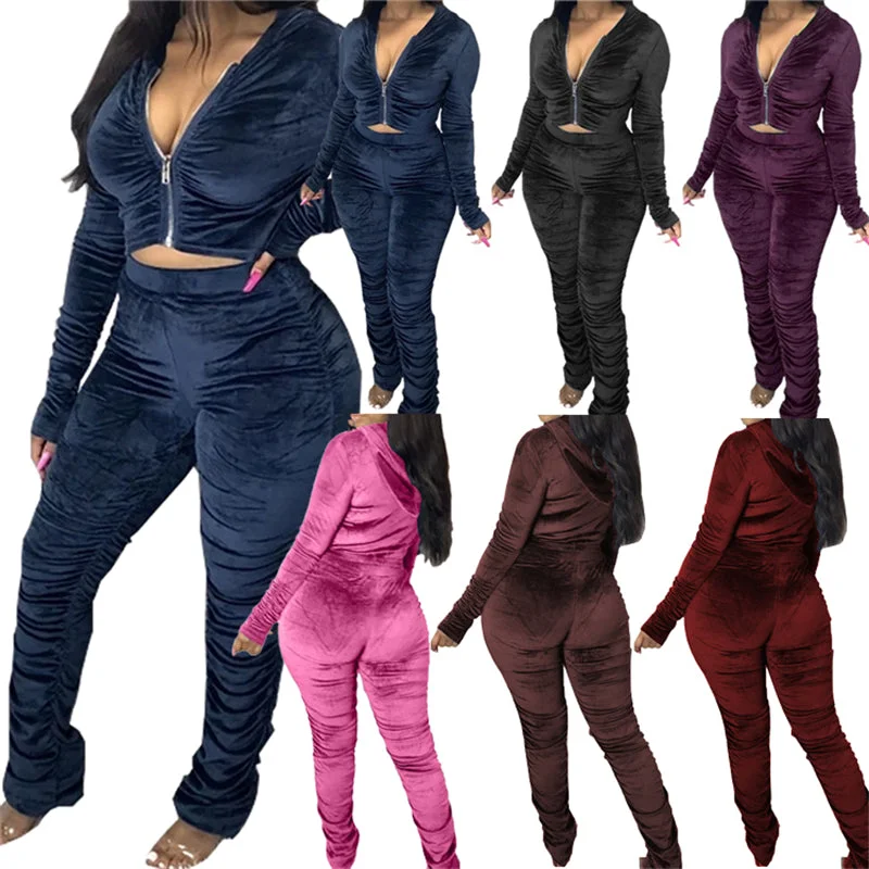 XS-3XL Solid Color Pleated Long Sleeve Velvet 2 Piece Sets Casual Zipper Hoodies With Jogers Set Fashion Stacked Leggins Set