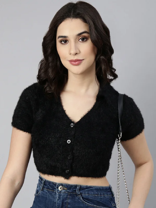 CroptopsilkWomen Solid Black Crop Top-CHN-8881-Black