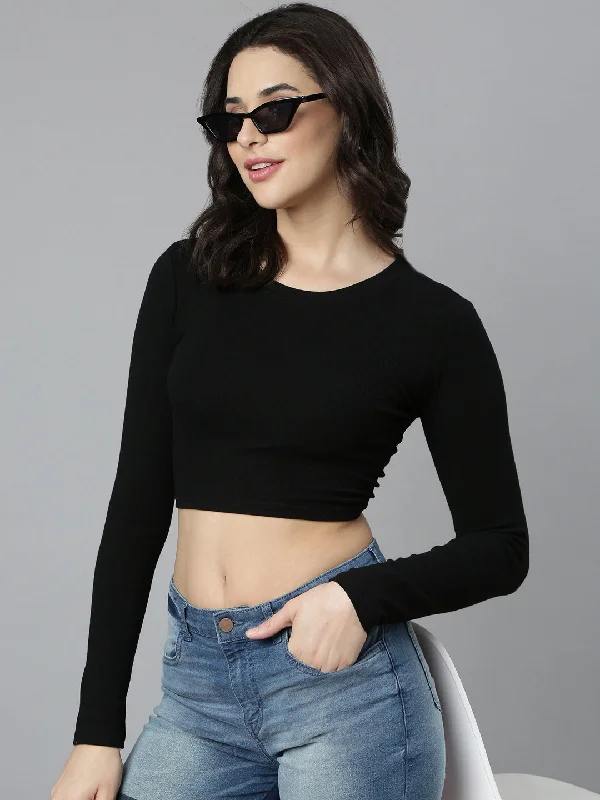 CroptopcommunityWomen Solid Black Styled Back Crop Top-CHN-501-Black