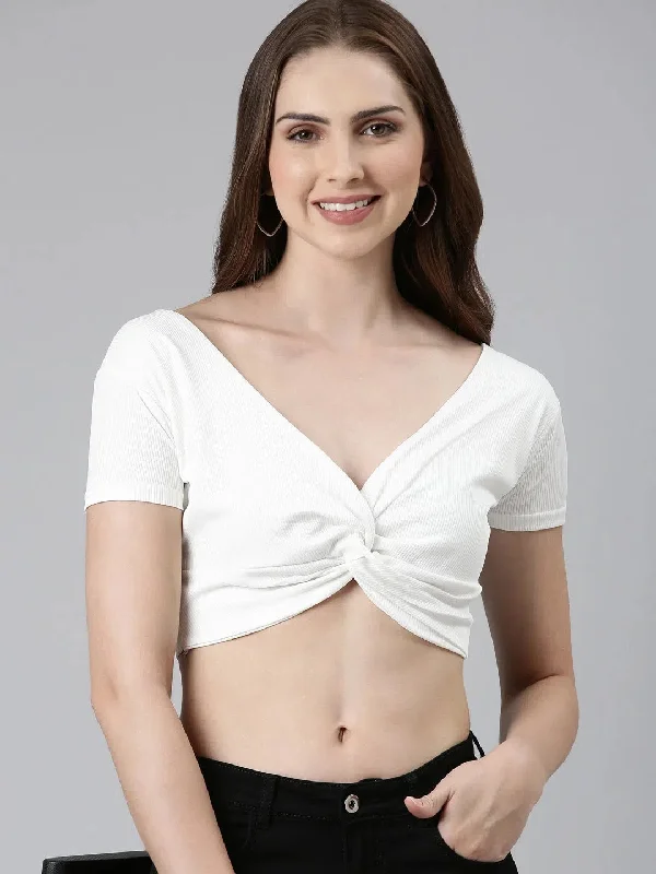 CroptopdeviceV-Neck Regular Sleeves Solid Blouson White Crop Top-AE-10659-White