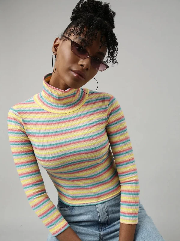 CroptopiconWomen Yellow Horizontal Stripes Fitted Crop Top-TG-A2-Yellow