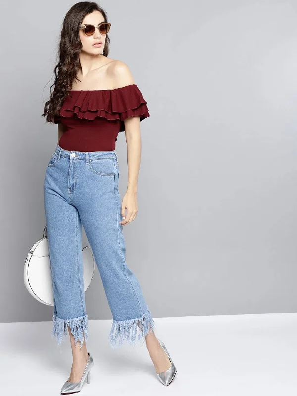 CroptoptrendMaroon Frilled Bardot Crop Top-VVV786-XS