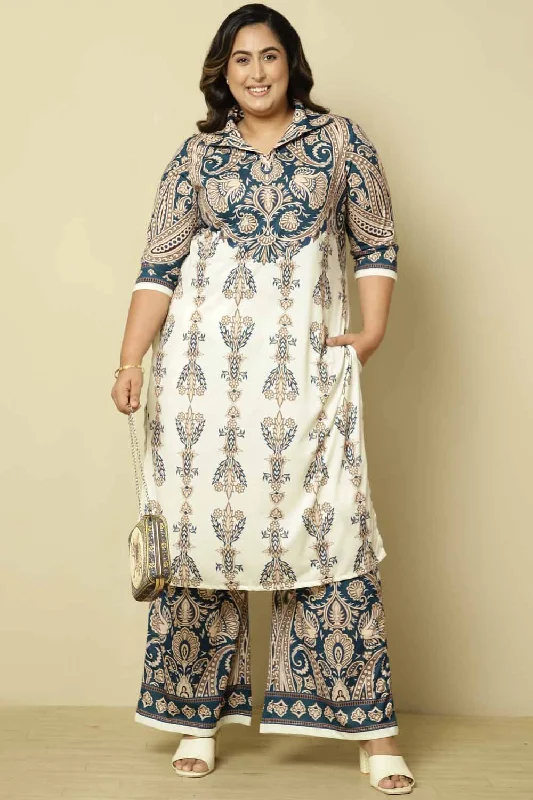 Plus Size Blue White Ethnic Print Coord Set