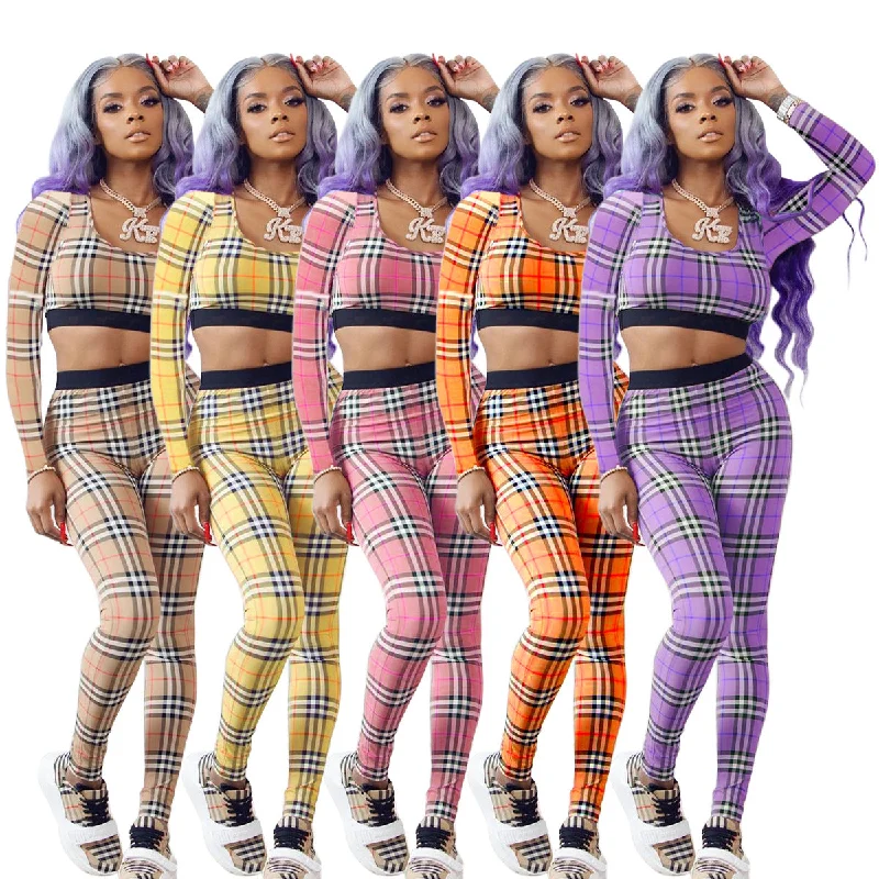 C1103TA99 New Design Casual Plaid Print Crop Top Bodycon 2 Piece Pants Set Women Sehe Fashion