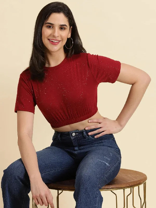 CroptopdetailWomen's Maroon Embellished Cinched Waist Crop Top-AE-10633-Maroon