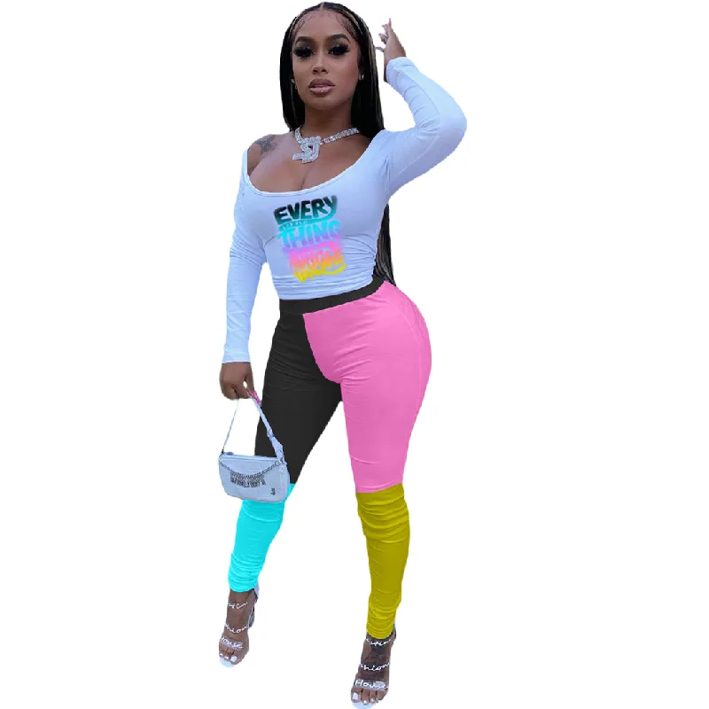 Fashion Blouse And Tight Pants, Two-piece Dress Set Of Positioning Printing Letters And Contrast Color two piece pants set for