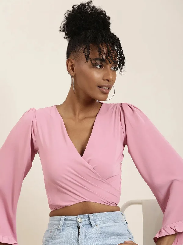 CroptopstripesWomen Pink Solid Wrap Crop Top-AE-10672-Pink