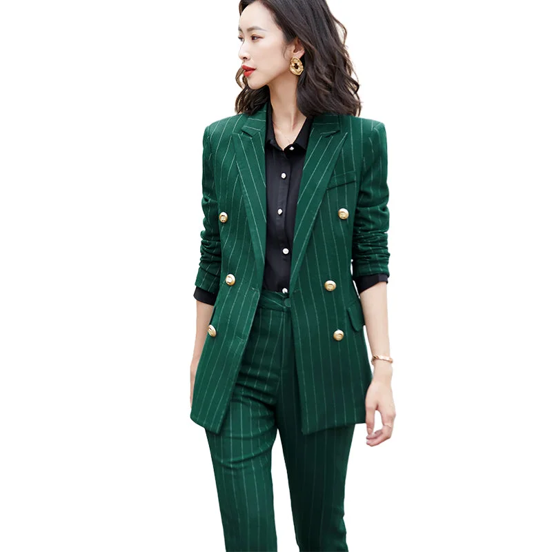 Custom Womens Suit Wholesale Dropship Green Double Breasted Striped 2 Piece Suit Set Pant Suit Work Wear Office Lady Style