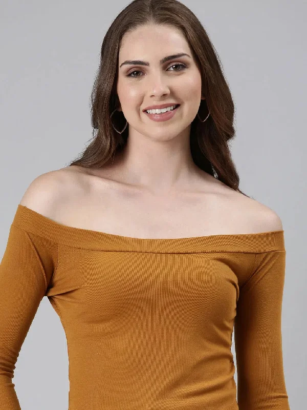 CroptopvibeOff-Shoulder Regular Sleeves Solid Mustard Crop Top-AE-10637-Mustard