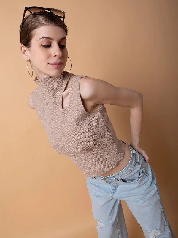 CroptopcollectorWomen Solid Beige Fitted Crop Top-601-Beige