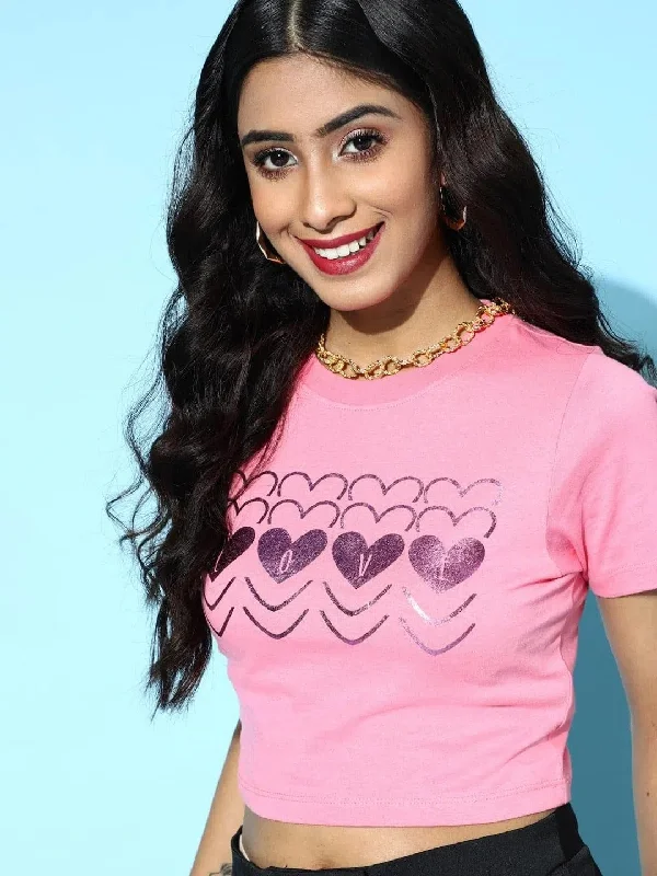 CroptopstylePink With Lilac Foil Hearts Crop T-Shirt