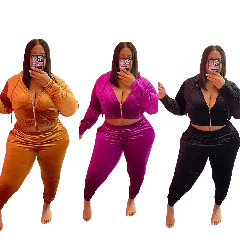 Women Outfits Plus Size Women's 2 Piece Velour Hoodie Tracksuit Set