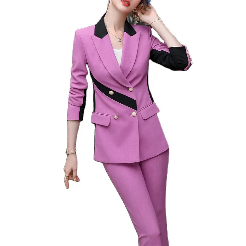 High Street Fashion Style 2 Piece Suit Set for Women Colorful Candy Color Contrast Pant Suits Office Lady Blazer with Trouser