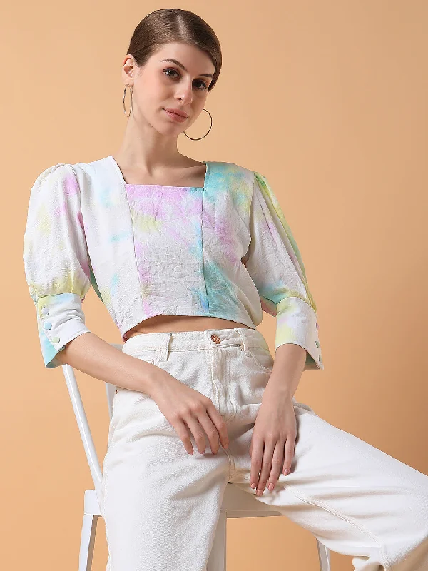 CroptopcryptoWomen Tie and Dye Multi Blouson Crop Top-AE-10680-Multi