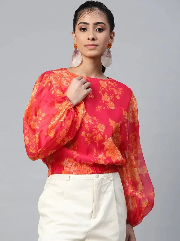 CroptopdurableFuchsia Floral Balloon Sleeve Crop Top