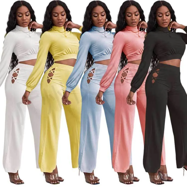 2022 women clothes  Hot Selling Solid Turtlrnrck Crop Top 2 Piece Set Fall Women Clothing Hollow Out Wide Leg Pants Set