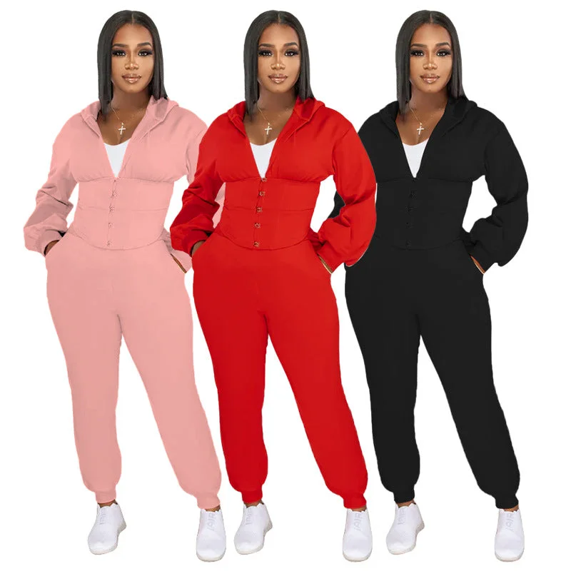 C1102TA81 Autumn Tendy Casual Hooded Solid Color Sport Two Piece Pants Set Women Sehe Fashion