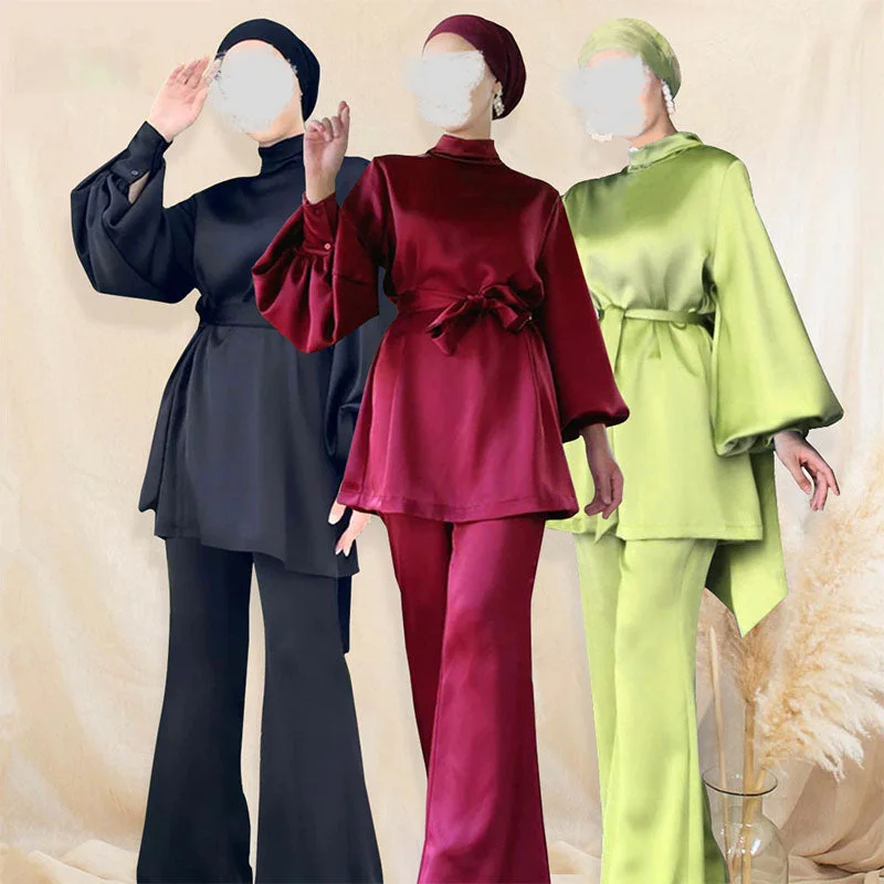 Co Ord 2 Piece Satin Silk Suit Muslim Islamic Clothing T-shirt Match Pockets Pants Malaysia Borong Abaya Baju Kurung