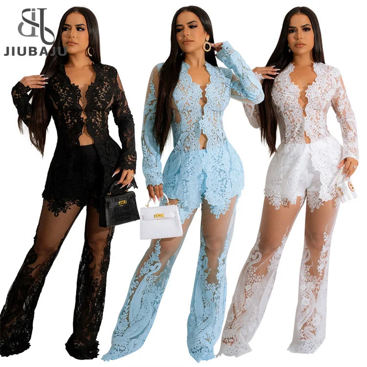 Sexy Lace Women Two Pieces Set Fashion Aplique Mesh Long Sleeve Tops Party Nightclub Pants Suit