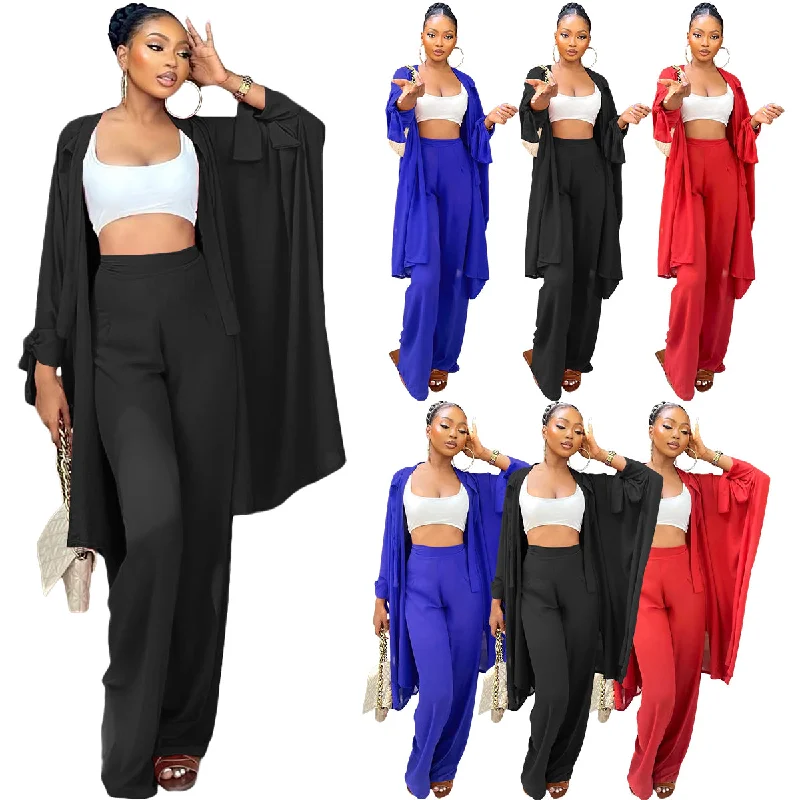 Fall 2022 Women Clothes Casual Solid Lace-Up Sleeve Cardigan Micro Pleated Wide Leg Pants Set