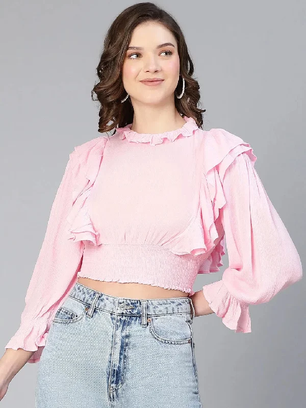 CroptopenthusiastWomen solid pink ruffled long sleeve casual crop top