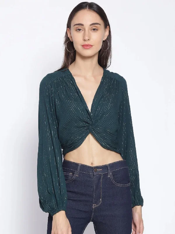 CroptoplinenTeal Green Twist Knot Crop Top