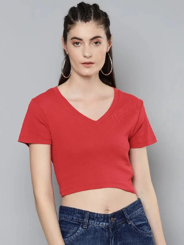 CroptopvrRed V-Neck Crop Top