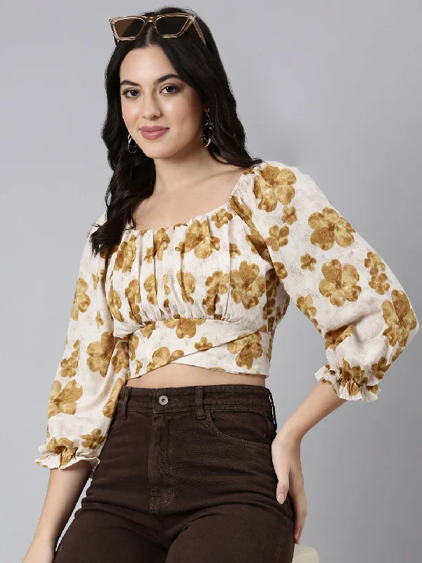 CroptoptrendsetterWomen Floral Blouson Beige Crop Top-8119-Beige