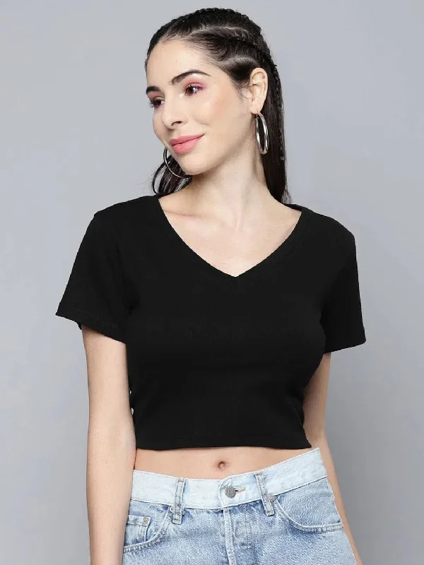 CroptoplegendBlack V-Neck Rib Crop Top