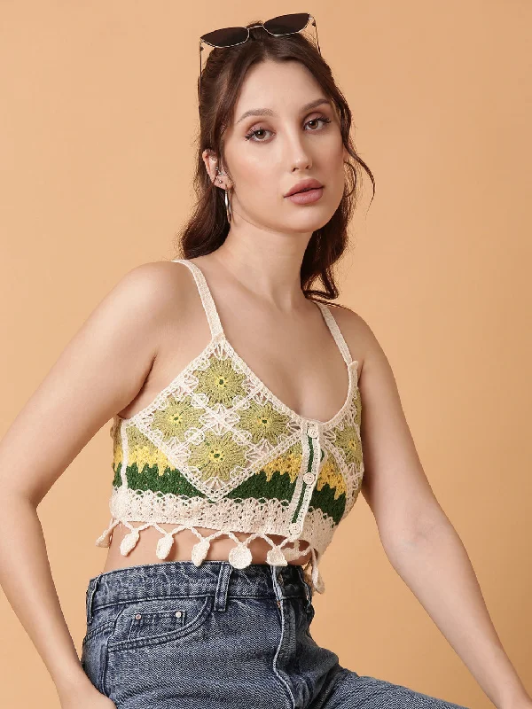 CroptopqualityWomen Green Solid Crochet Crop Top-TG-027-Green