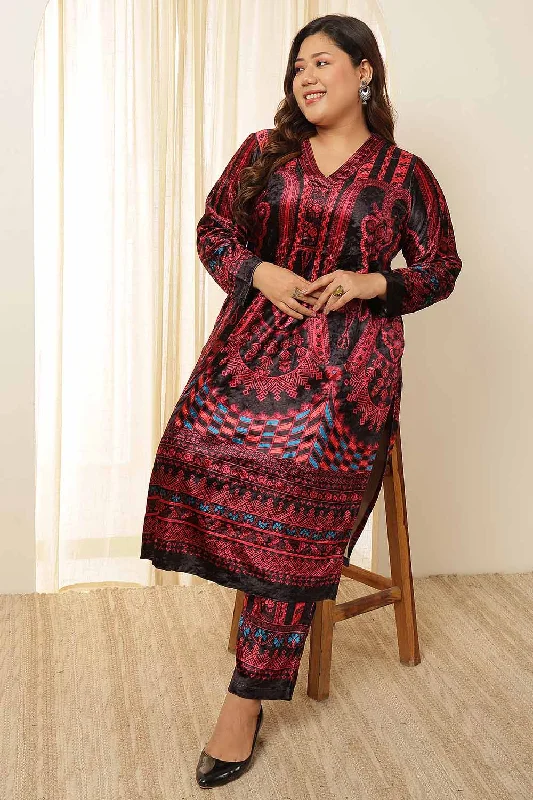 Plus Size Black Red Printed Velvet Coord Set