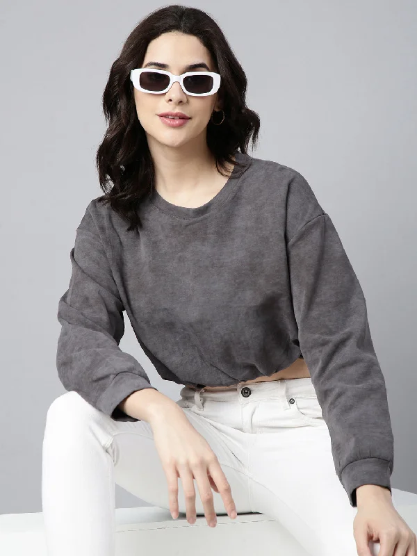 CroptophoodieWomen Solid Grey Blouson Drop Shoulder Crop Top-CHN-1052-Grey